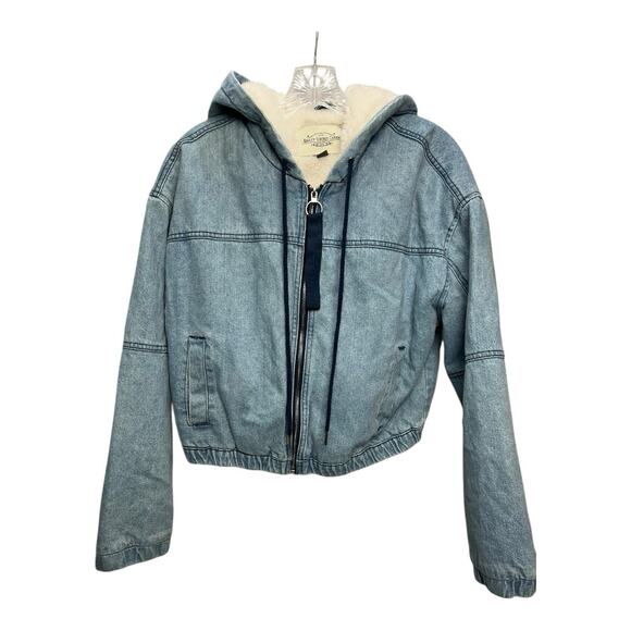 Ashley Vintage Charm Cropped Hoodie Denim Jean Jacket Womens Large Full Zip - Picture 1 of 8